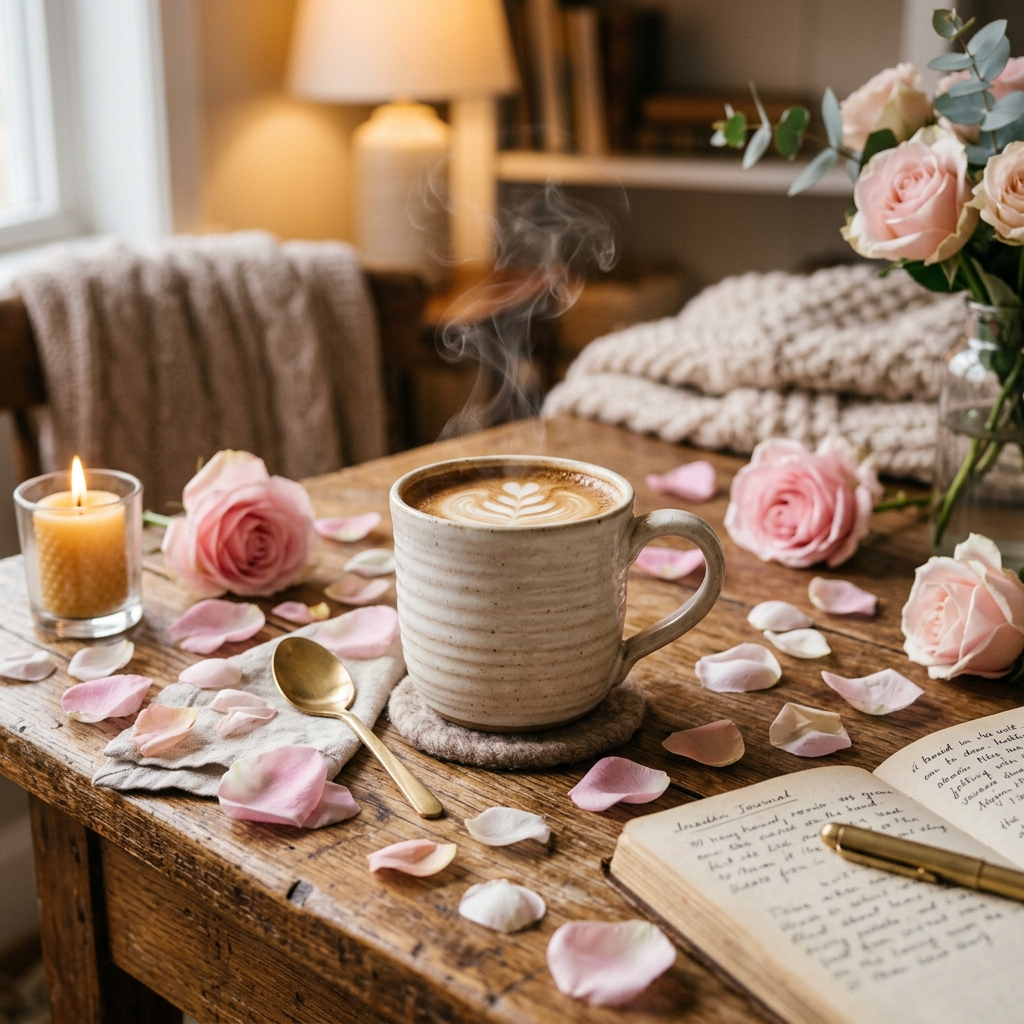 Steaming coffee with flower petals