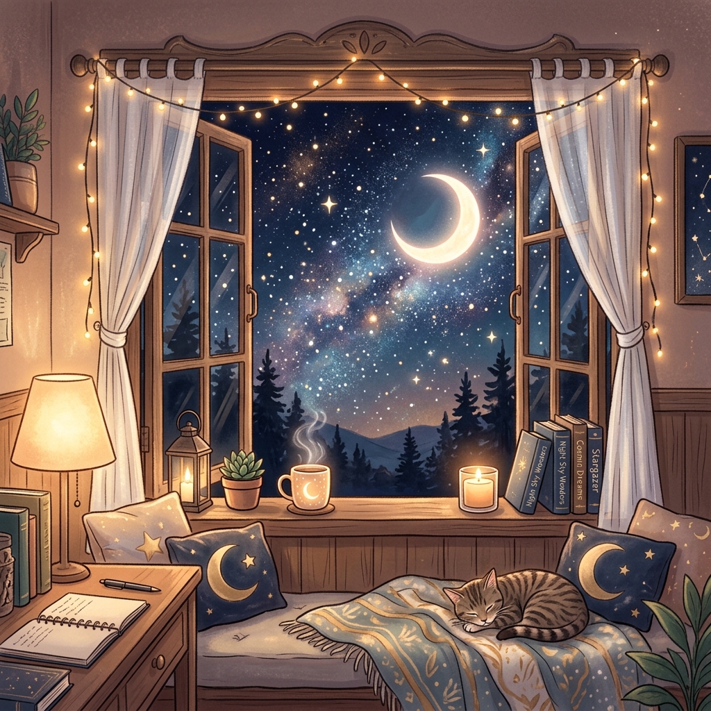 Beautiful night sky view through a window